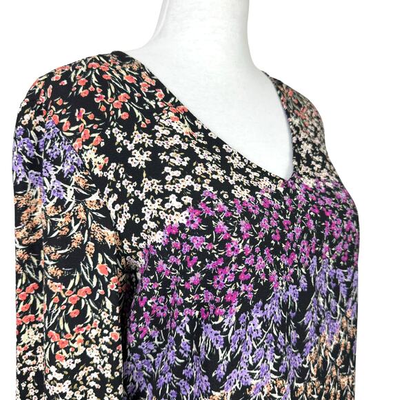 MSK | Black & Purple Micro Floral Print Long Sleeve V-neck Mini Shift Dress - Picture 4 of 9